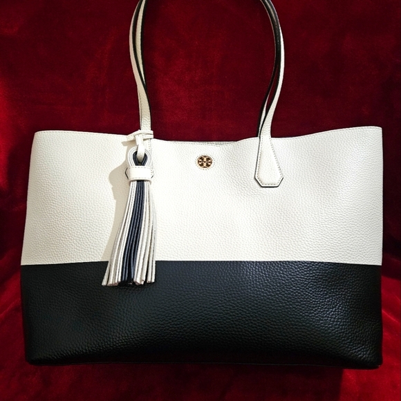Tory Burch Handbags - Tory Burch Perry Two-Tone Black and White Large Leather Tote with Tassel